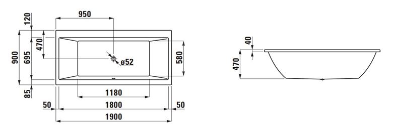 LAUFEN PRO vana 190x90 cm, bez nožiček, akrylát H2349500000001 Technický nákres