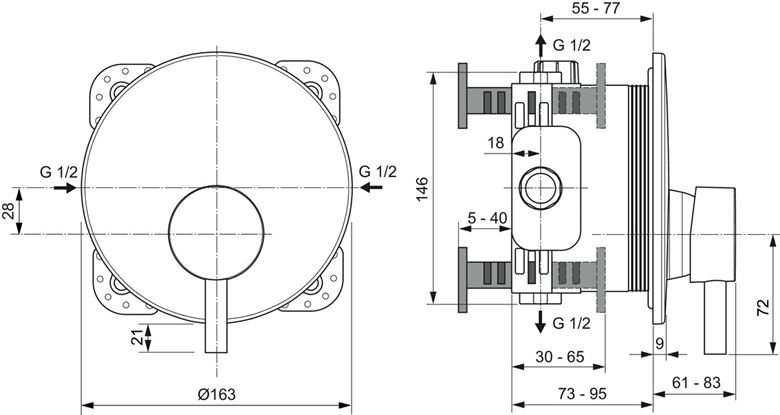 IDEAL STANDARD CERALINE sprchová podomíková baterie, černá A7388XG Technický nákres