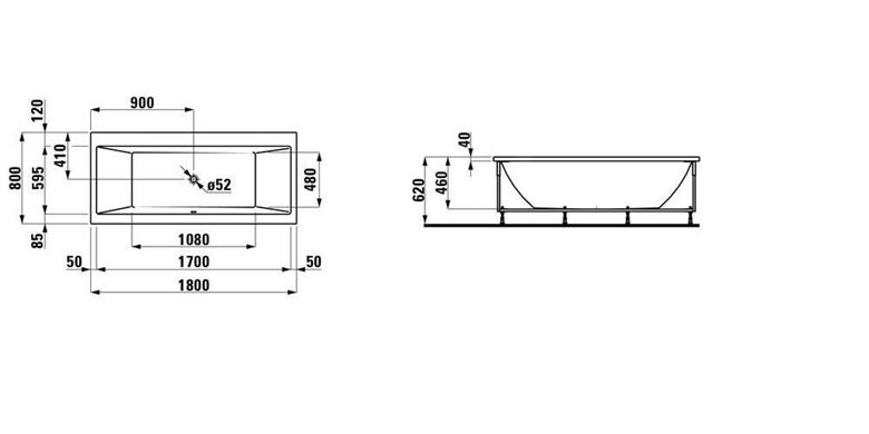 LAUFEN PRO vana 180x80 cm, s hliníkovou konstrukcí, akrylát H2329510000001 Technický nákres