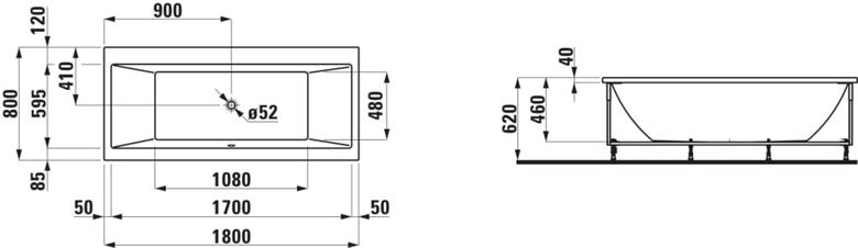 LAUFEN PRO rohová vana 180x80 cm, s konstrukcí a L-panelem levým, akrylát H2329550000001 Technický nákres