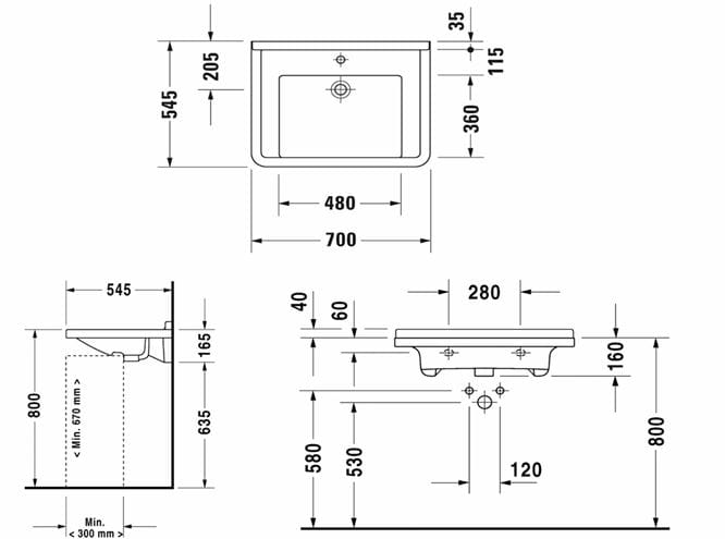 DURAVIT STARCK 3 bezbariérové umyvadlo 70 cm, s otvorem pro baterii a přepadem 0309700000 Technický nákres