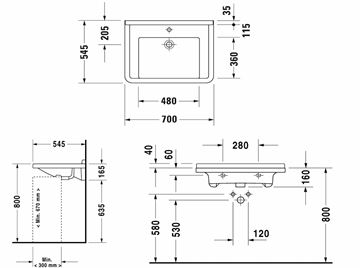 DURAVIT STARCK 3 bezbariérové umyvadlo 70 cm, s otvorem pro baterii a přepadem 0309700000 Technický nákres
