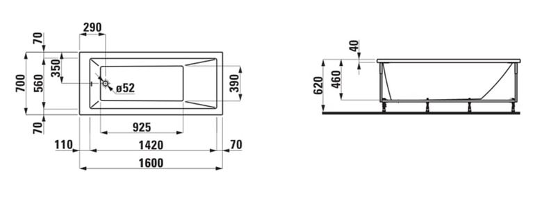 LAUFEN PRO vana 160x70 cm, s konstrukcí, senzorové ovládání, LED osvětlení, akrylát H2339510006151 Technický nákres