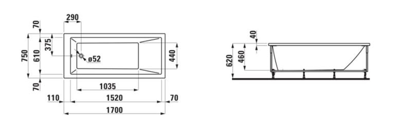 LAUFEN PRO vana 170x75 cm, s konstrukcí, senzorové ovládání, LED osvětlení, akrylát H2319510006151 Technický nákres