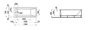 LAUFEN PRO vana 170x75 cm, s konstrukcí, senzorové ovládání, LED osvětlení, akrylát H2319510006151 Technický nákres