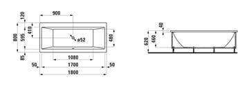 LAUFEN PRO vana 180x80 cm, s konstrukcí, senzorové ovládání, LED osvětlení, akrylát H2329510006151 Technický nákres