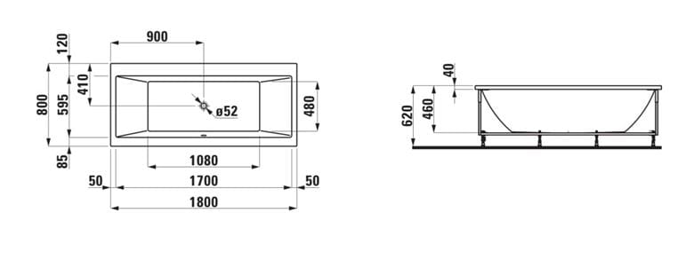 LAUFEN PRO vana 180x80 cm, s konstrukcí, senzorové ovládání, LED osvětlení, akrylát H2329510006151 Technický nákres
