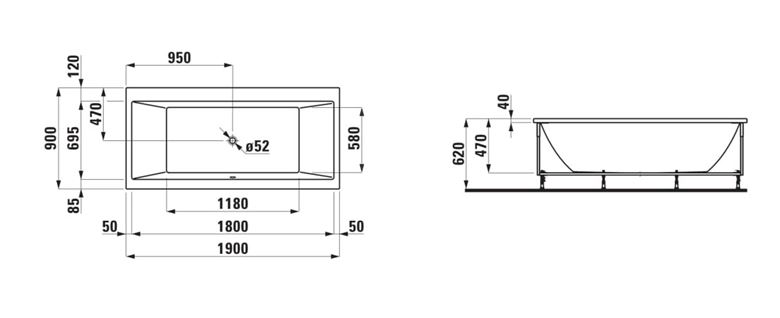 LAUFEN PRO vana 190x90 cm, s konstrukcí, senzorové ovládání, LED osvětlení, akrylát H2349510006151 Technický nákres