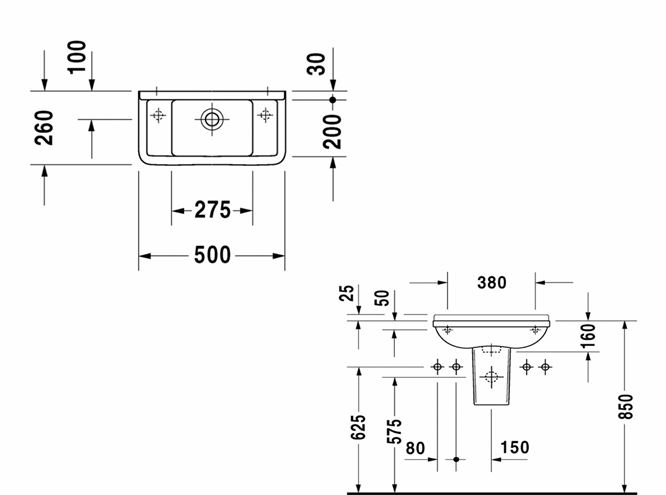 DURAVIT STARCK 3 umývátko 50 cm, s přepadem 0751500000 Technický nákres
