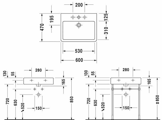 DURAVIT VERO umyvadlo 60 cm, s otvorem pro baterii a přepadem 0454600000 Technický nákres