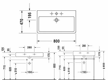 DURAVIT VERO umyvadlo 80 cm, s otvorem pro baterii a přepadem 0454800000 Technický nákres