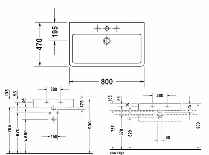 DURAVIT VERO umyvadlo 80 cm, s otvorem pro baterii a přepadem, broušené 0454800027 Technický nákres