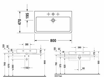 DURAVIT VERO umyvadlo 80 cm, s otvorem pro baterii a přepadem, broušené 0454800027 Technický nákres