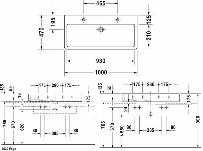 DURAVIT VERO umyvadlo 100 cm, se 2 otvory pro baterie a přepadem, broušené 0454100026 Technický nákres