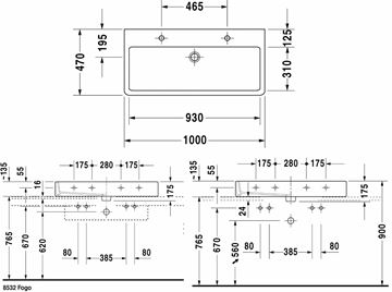 DURAVIT VERO umyvadlo 100 cm, se 2 otvory pro baterie a přepadem 0454100024 Technický nákres