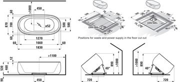 LAUFEN ILBAGNOALESSI ONE volně stojící vana 183x87 cm, pro 2 osoby, senzorové ovládání, LED osvětlení, solid surface H2459720006151 Technický nákres