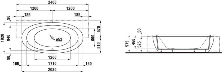 LAUFEN ILBAGNOALESSI ONE polozápustná vana 203x102 cm, s konstrukcí a panelem, akrylát H2449700000001 Technický nákres