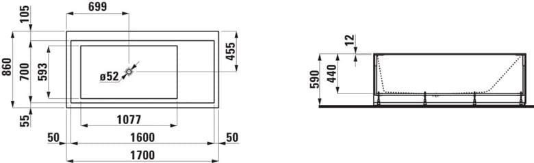 KARTELL LAUFEN rohová vana 170x86 cm, s konstrukcí a s L-panel, s osvětlením, Sentec H2243360006161 Technický nákres