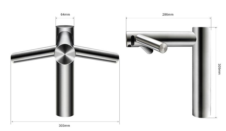 DYSON AIRBLADE WASH & DRY umyvadlová senzorová baterie, s vysoušečem rukou, napájení ze sítě, nerez 24526901 Technický nákres