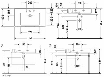 DURAVIT VERO umyvadlo 70 cm, s otvorem pro baterii a přepadem 0329850000 Technický nákres