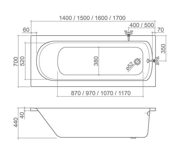 ROTH VANESSA NEO 150 vana 150x70 cm, bez nožiček, akrylát 9560000 Technický nákres