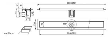 AZP BRNO sprchový žlab 800 mm, do prostoru, boční odtok DN 50, rošt pro vložení dlažby, nerez ocel PZ 015.800 Technický nákres