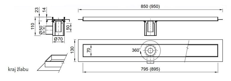 AZP BRNO sprchový žlab 800 mm, do prostoru, boční odtok DN 50, rošt pro vložení dlažby, nerez ocel PZ 015.800 Technický nákres