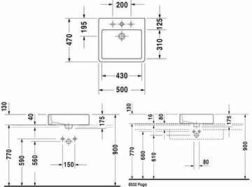DURAVIT VERO umyvadlo na desku 50 cm, s otvorem pro baterii a přepadem, broušené 0452500000 Technický nákres