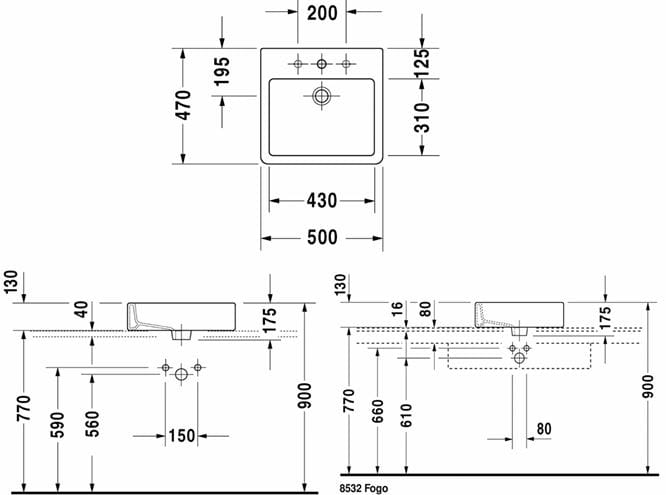 DURAVIT VERO umyvadlo na desku 50 cm, s otvorem pro baterii a přepadem, broušené 0452500000 Technický nákres
