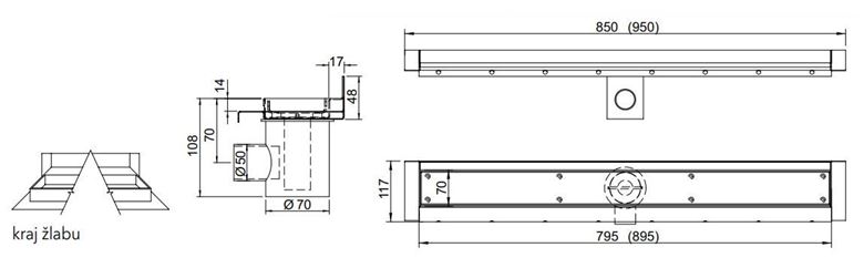 AZP BRNO sprchový žlab 800 mm, ke stěně, boční odtok DN 50, rošt pro vložení dlažby, nerez ocel PZ 014.800 Technický nákres