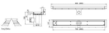 AZP BRNO sprchový žlab 900 mm, ke stěně, boční odtok DN 50, rošt pro vložení dlažby, nerez ocel PZ 014.900 Technický nákres