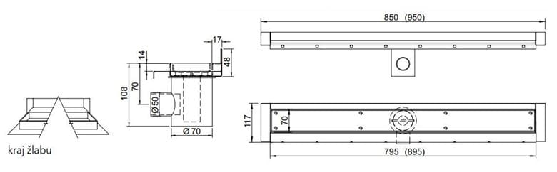AZP BRNO sprchový žlab 900 mm, ke stěně, boční odtok DN 50, rošt pro vložení dlažby, nerez ocel PZ 014.900 Technický nákres