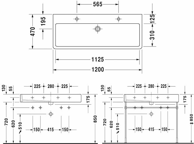 DURAVIT VERO umyvadlo 120 cm, se 2 otvory pro baterie a přepadem, broušené 0454120026 Technický nákres