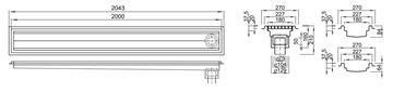 AZP BRNO krabicový žlab 2000 mm, do prostoru, svislý odtok DN 75 mm, rošt, nerez ocel OZ 01 Technický nákres