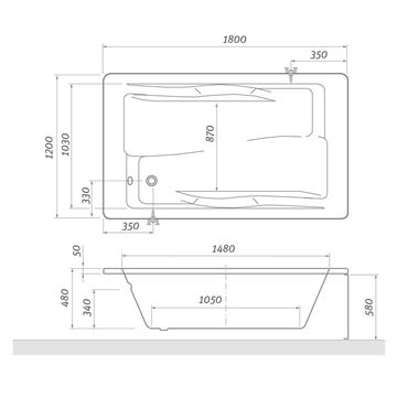ROTH AMORE vana 180x120 cm, pro 2 osoby, bez nožiček, akrylát 9720000 Technický nákres