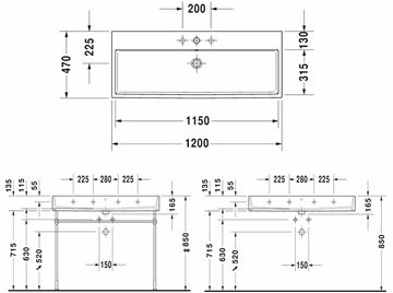 DURAVIT VERO AIR umyvadlo 120 cm, s otvorem pro baterii a přepadem 2350120000 Technický nákres
