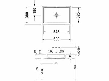 DURAVIT VERO AIR umyvadlo na desku 60 cm, bez přepadu 2351600000 Technický nákres
