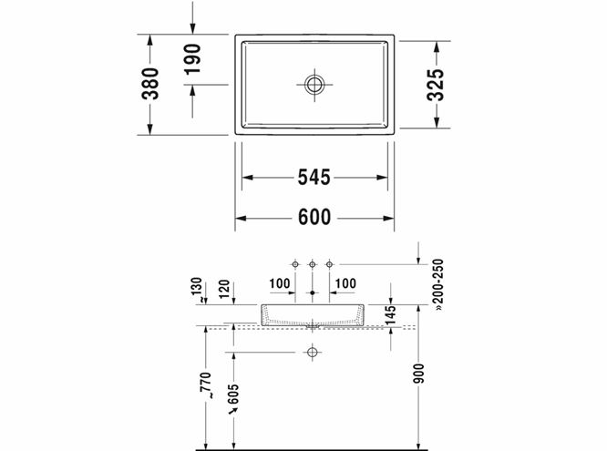 DURAVIT VERO AIR umyvadlo na desku 60 cm, bez přepadu 2351600000 Technický nákres