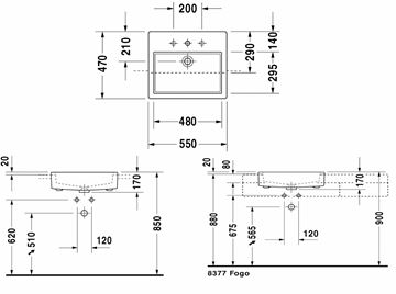 DURAVIT VERO umyvadlo 55 cm, s otvorem pro baterii a přepadem 0314550000 Technický nákres