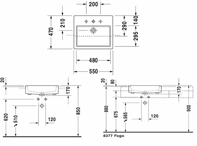 DURAVIT VERO umyvadlo 55 cm, s otvorem pro baterii a přepadem 0314550000 Technický nákres