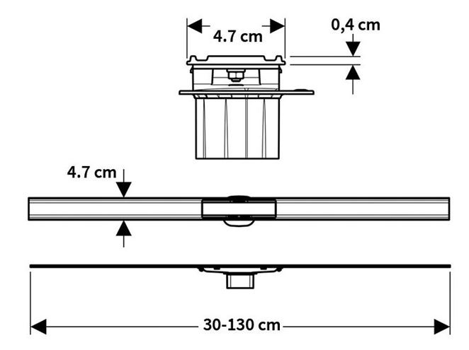 GEBERIT CLEANLINE 60 vrchní sada sprchového žlabu 1300 mm, zkracovatelný, do prostoru i ke stěně, kartáčovaná nerez ocel 154.459.00.1 Technický nákres