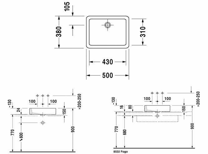 DURAVIT VERO umyvadlo na desku 50 cm, bez přepadu 0455500000 Technický nákres