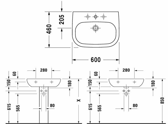 DURAVIT D-CODE umyvadlo 60 cm, s otvorem pro baterii a přepadem 23106000002 Technický nákres