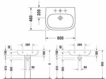DURAVIT D-CODE umyvadlo 60 cm, s otvorem pro baterii a přepadem 23106000002 Technický nákres