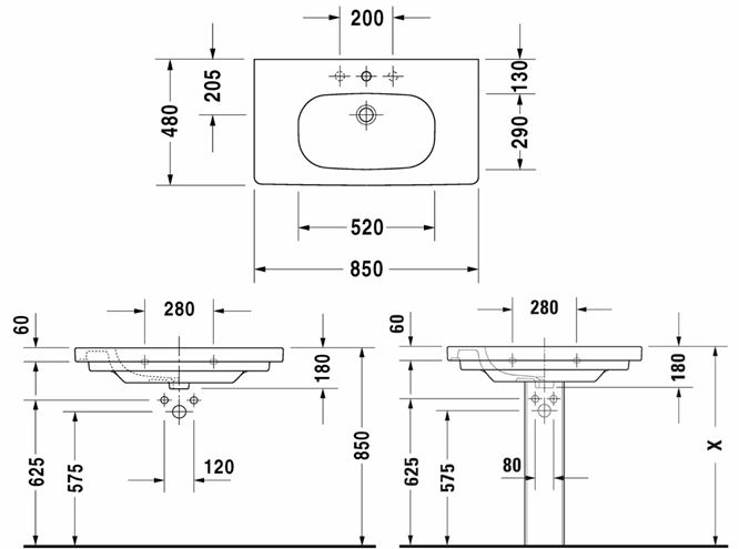 DURAVIT D-CODE umyvadlo 85 cm, s otvorem pro baterii a přepadem 03428500002 Technický nákres