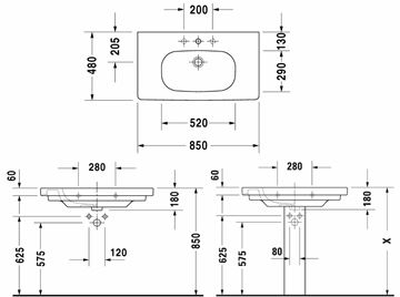 DURAVIT D-CODE umyvadlo 85 cm, s otvorem pro baterii a přepadem 03428500002 Technický nákres