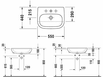 DURAVIT D-CODE umyvadlo 55 cm, s otvorem pro baterii a přepadem 0339550000 Technický nákres