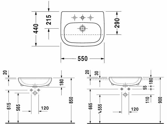 DURAVIT D-CODE umyvadlo 55 cm, s otvorem pro baterii a přepadem 0339550000 Technický nákres