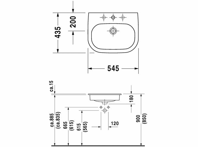 DURAVIT D-CODE umyvadlo 54,5 cm, s otvorem pro baterii a přepadem 0337540000 Technický nákres