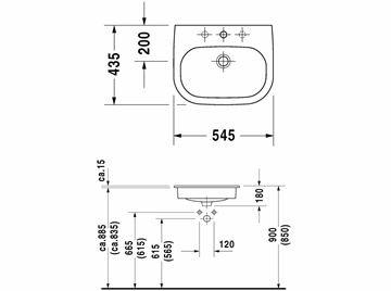 DURAVIT D-CODE umyvadlo 54,5 cm, s otvorem pro baterii a přepadem 0337540000 Technický nákres
